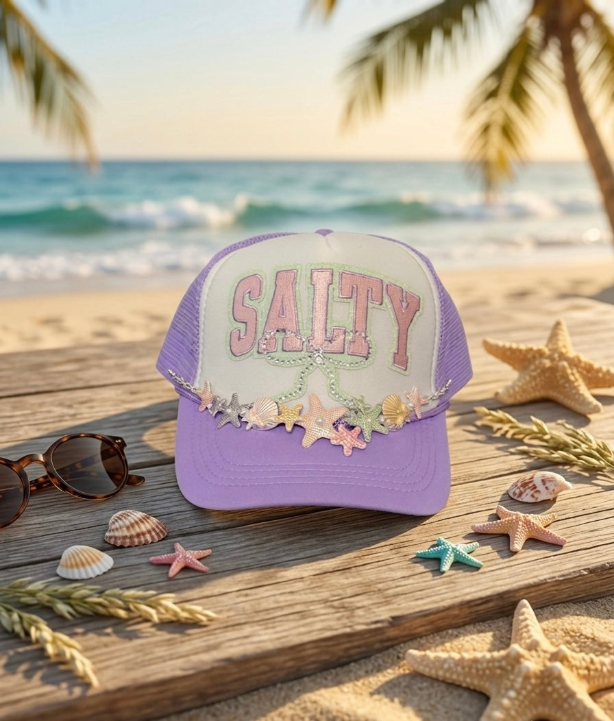 Salty or Beach Trucker Hat with hat chain