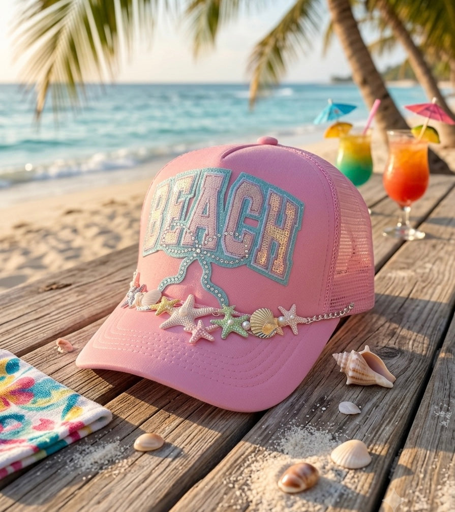 Salty or Beach Trucker Hat with hat chain